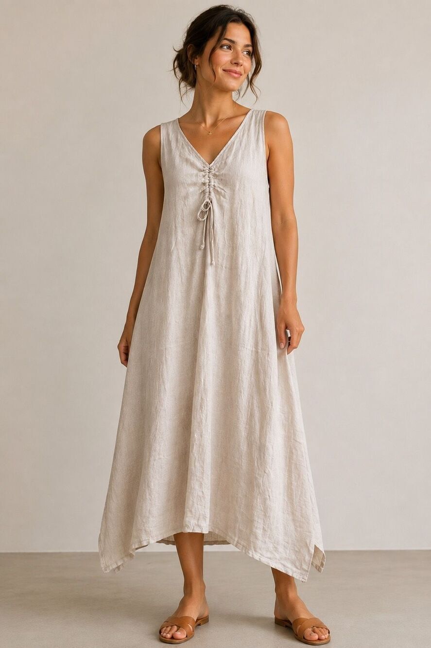 Made in Italy 100% Linen Sleeveless Midi Dress Ruched Tie Front Beige One Size